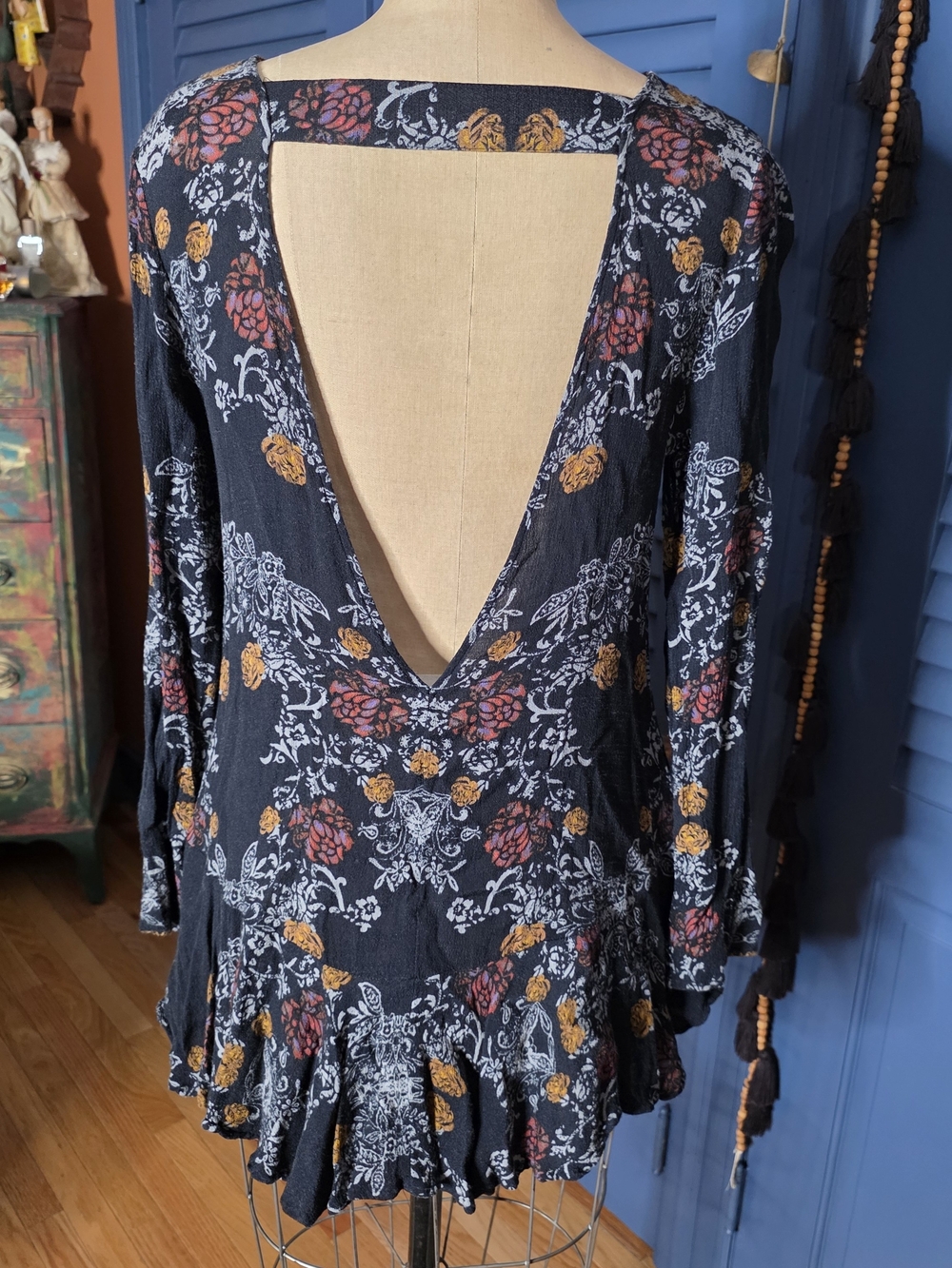 Free People Smooth Talker Tunic Mini Dress Raven Black Floral Size S Open Back - Picture 7 of 11